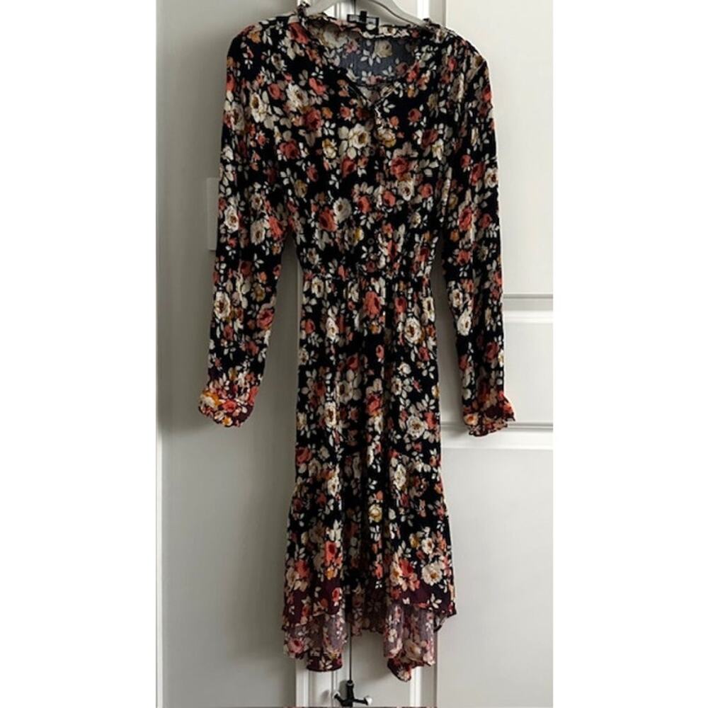 POL Floral Long Sleeve Tie-Back Ruffle Fall Dress Navy Small - Picture 2 of 7